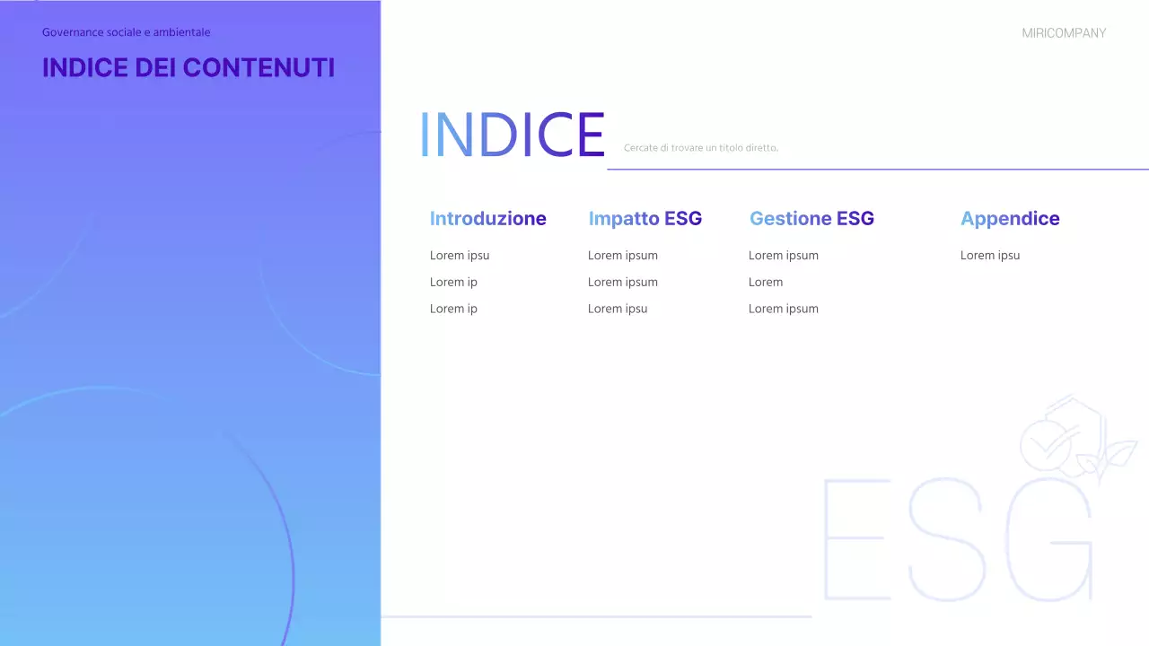 Un moderno rapporto di sostenibilità ESG in viola e azzurro