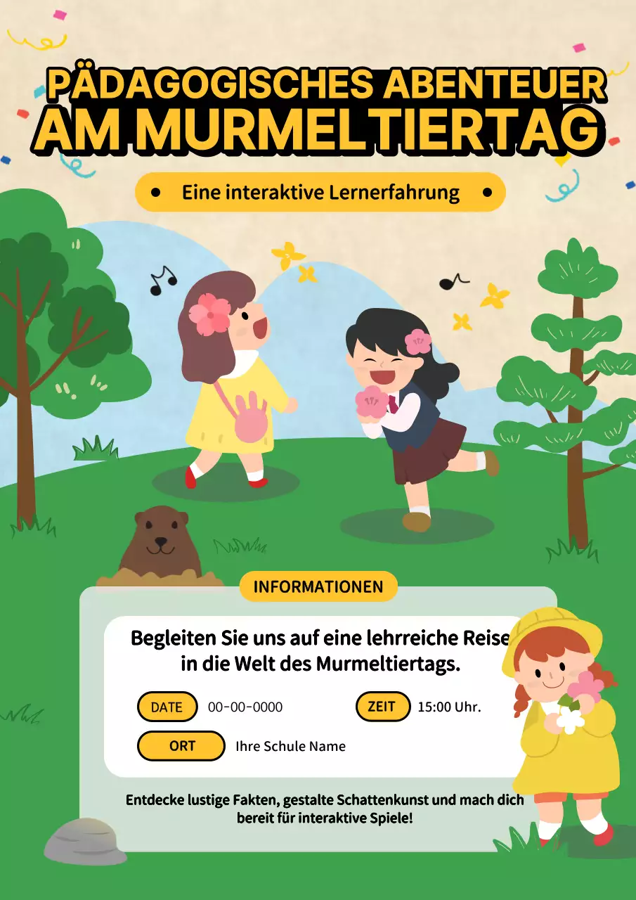 Grüner und gelber Kitsch Murmeltier Tag Camp Werbung