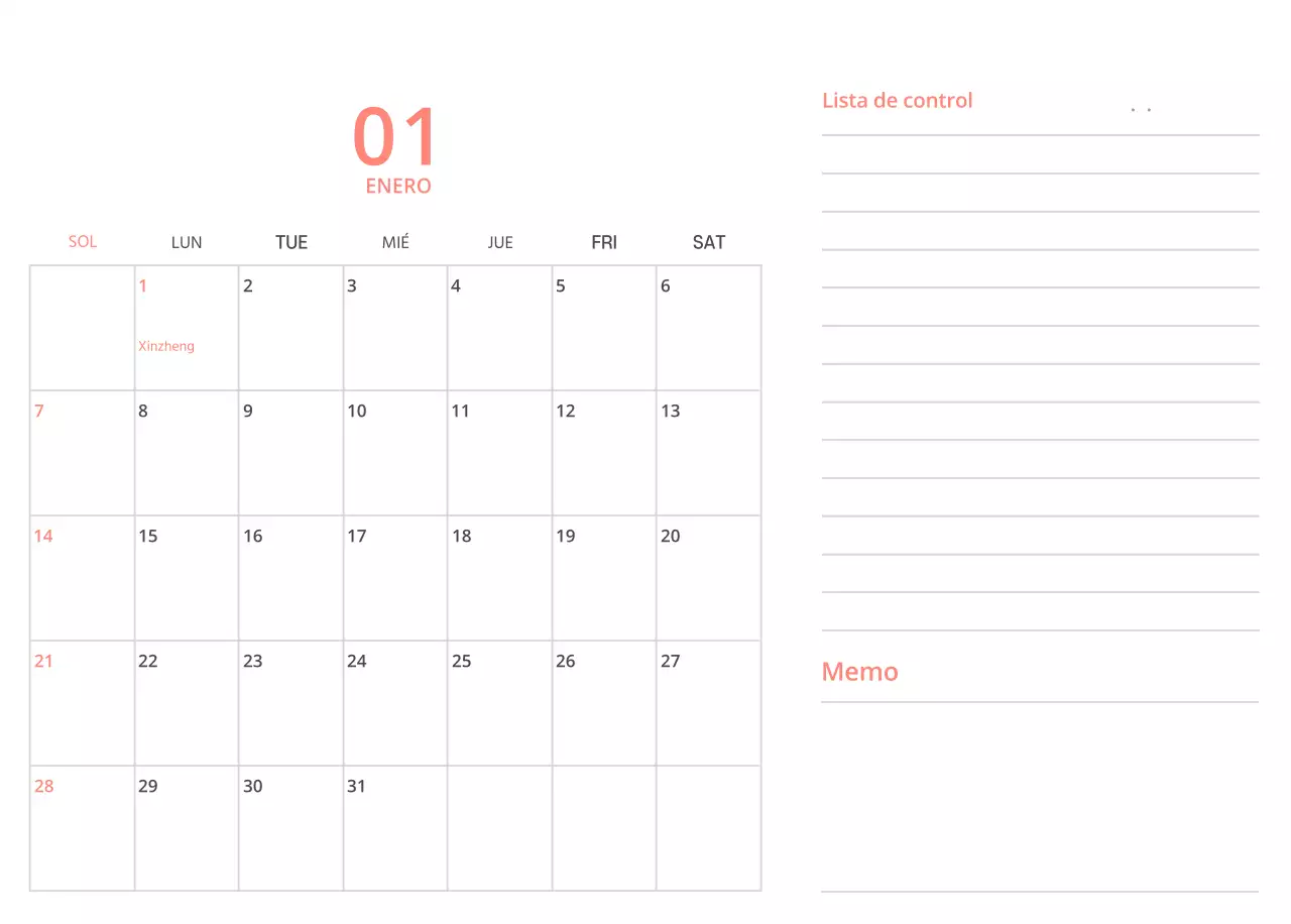 Bonito calendario de sobremesa ilustrado de temática familiar en color verde