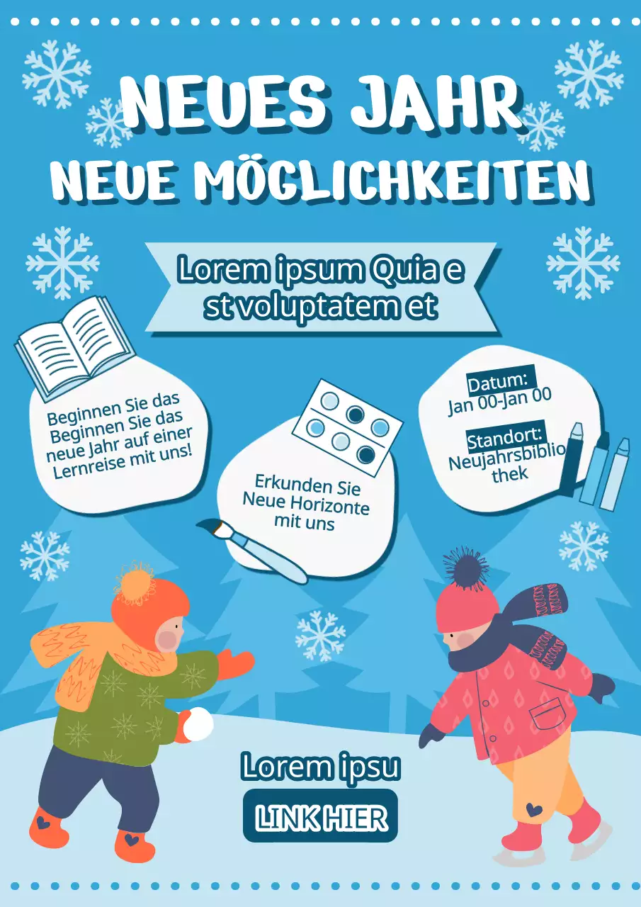 Werbematerial für ein Winterferienlager für Kinder mit einem niedlichen Illustrationskonzept in Hellblau und Weiß.