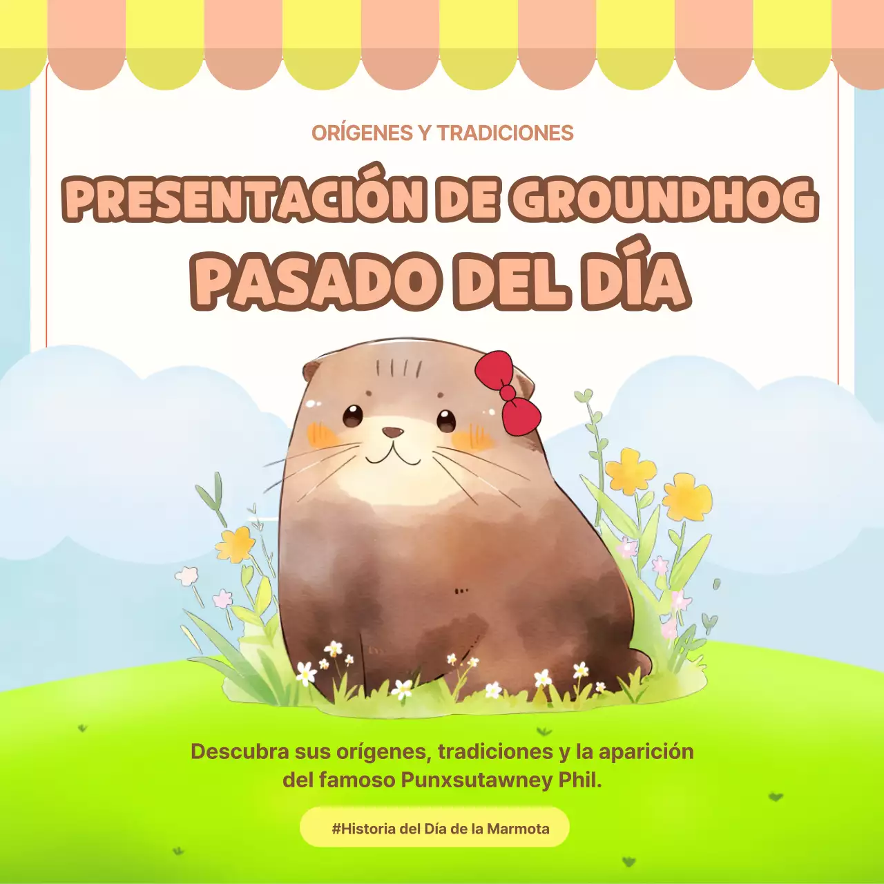 Anuncio verde y azul cielo de la historia sencilla del Día de la Marmota