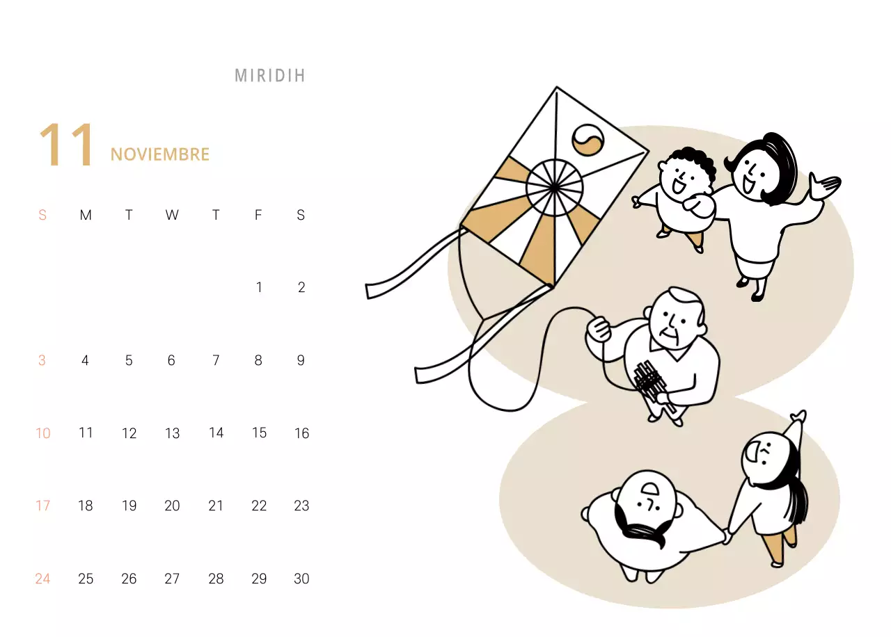 Bonito calendario de sobremesa ilustrado de temática familiar en color verde