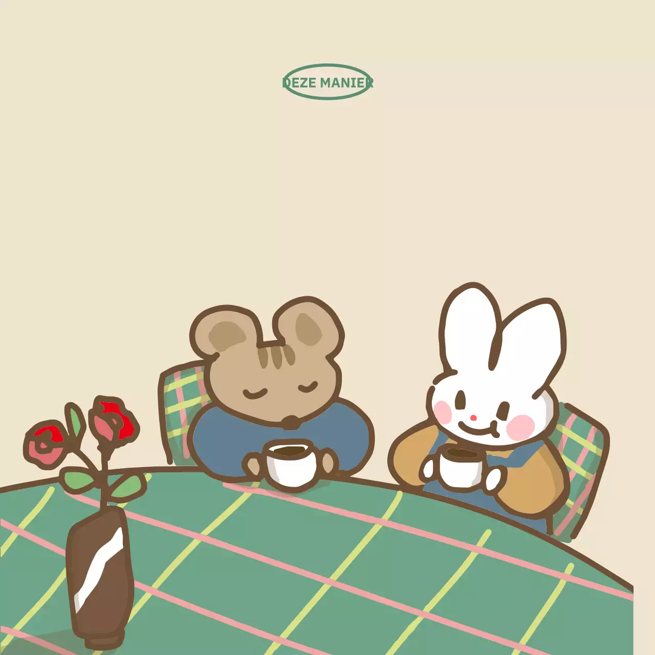 Illustratieontwerp van dierenvrienden die thee drinken aan de eettafel