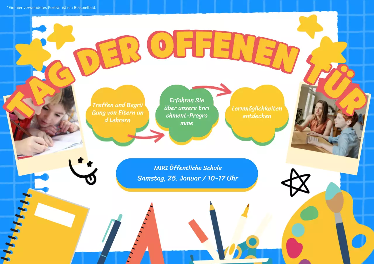 Himmelblauer und gelber Kitsch Schule Tag der offenen Tür Werbung