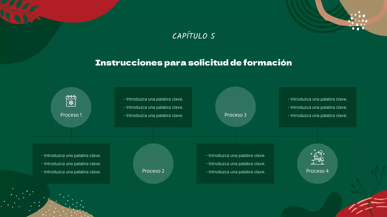 Guía de formación de voluntarios con motivos geométricos rojos y verdes