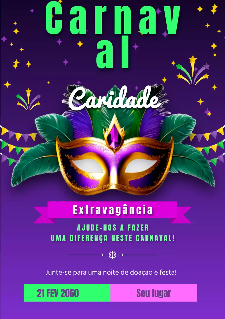Anúncio de evento de beneficência Neon e Purple Fantasy Mardi Gras