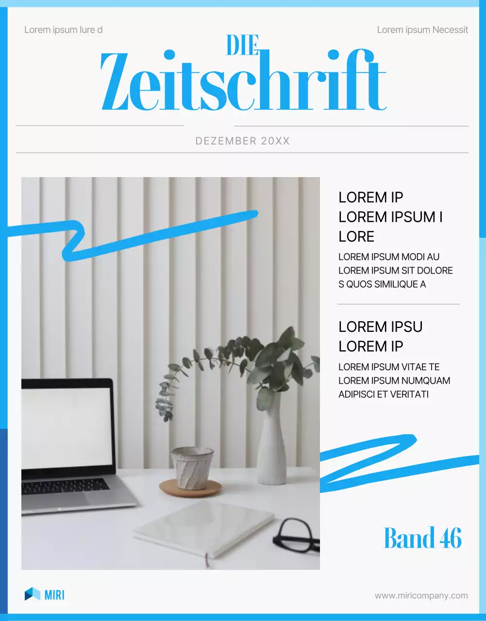 Moderne Unternehmenszeitschrift in Hellblau und Weiß