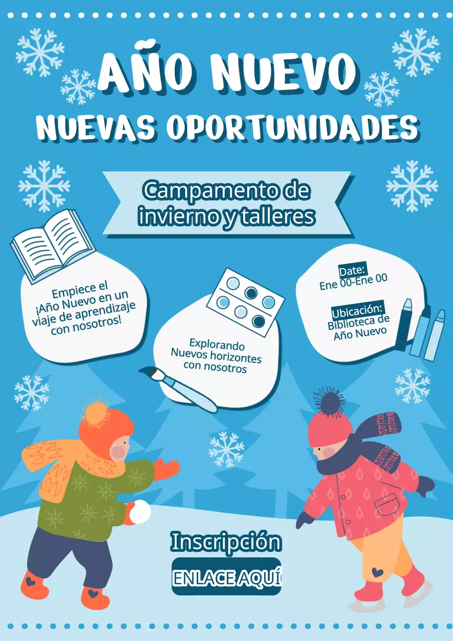 Material promocional de campamento infantil de vacaciones de invierno con un bonito concepto de ilustración en azul claro y blanco.