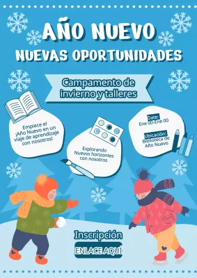 Material promocional de campamento infantil de vacaciones de invierno con un bonito concepto de ilustración en azul claro y blanco.