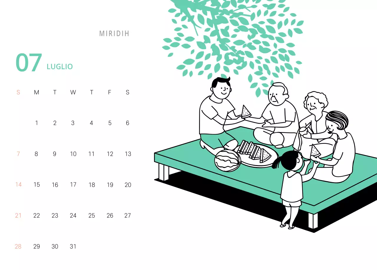 Simpatico calendario da tavolo illustrato verde a tema famiglia