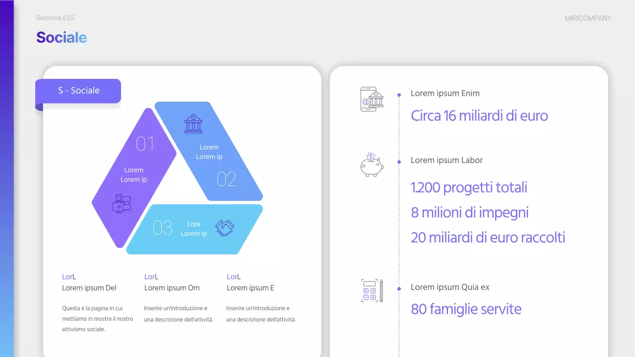 Un moderno rapporto di sostenibilità ESG in viola e azzurro