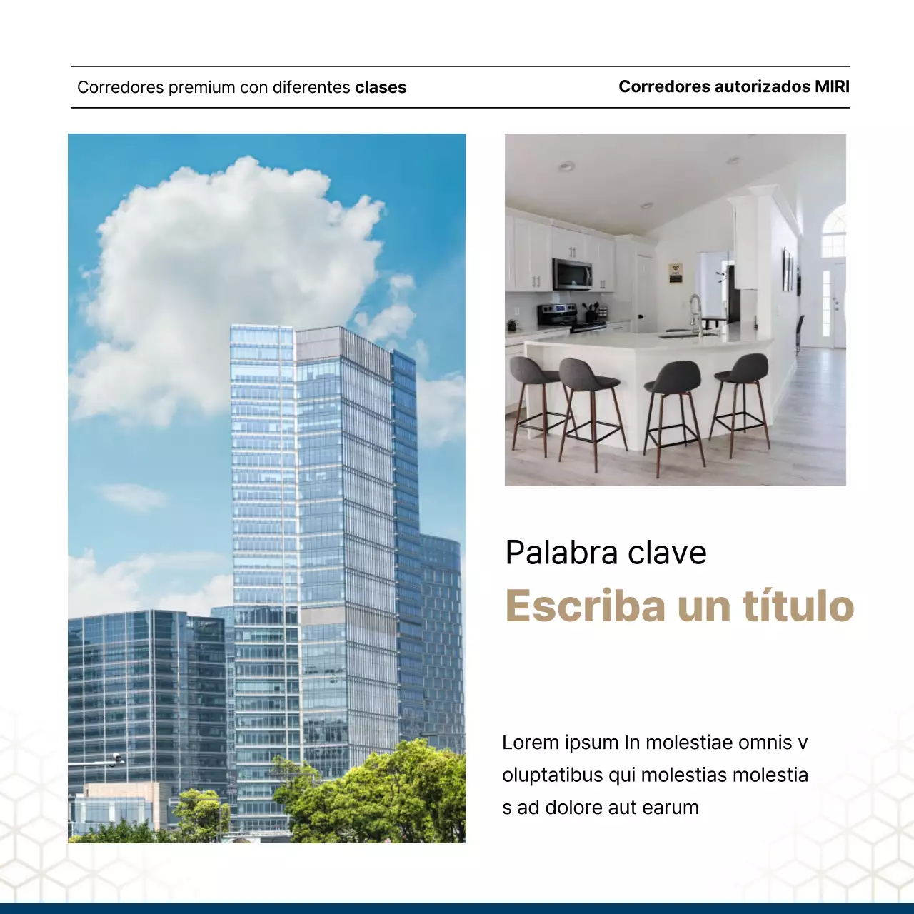 Lujoso anuncio inmobiliario en azul marino y dorado de un agente inmobiliario.