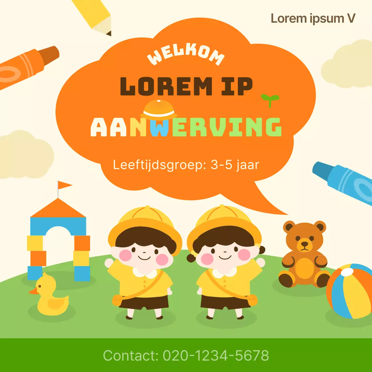 Een schattige geel met groene advertentie voor babywerving