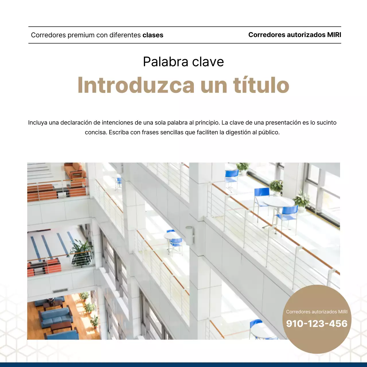 Lujoso anuncio inmobiliario en azul marino y dorado de un agente inmobiliario.