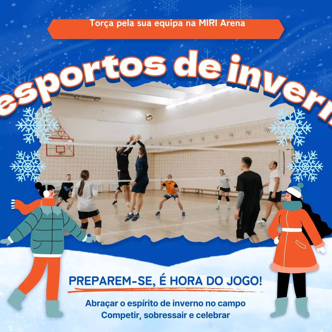 Anúncio de evento desportivo de inverno na moda em azul e laranja