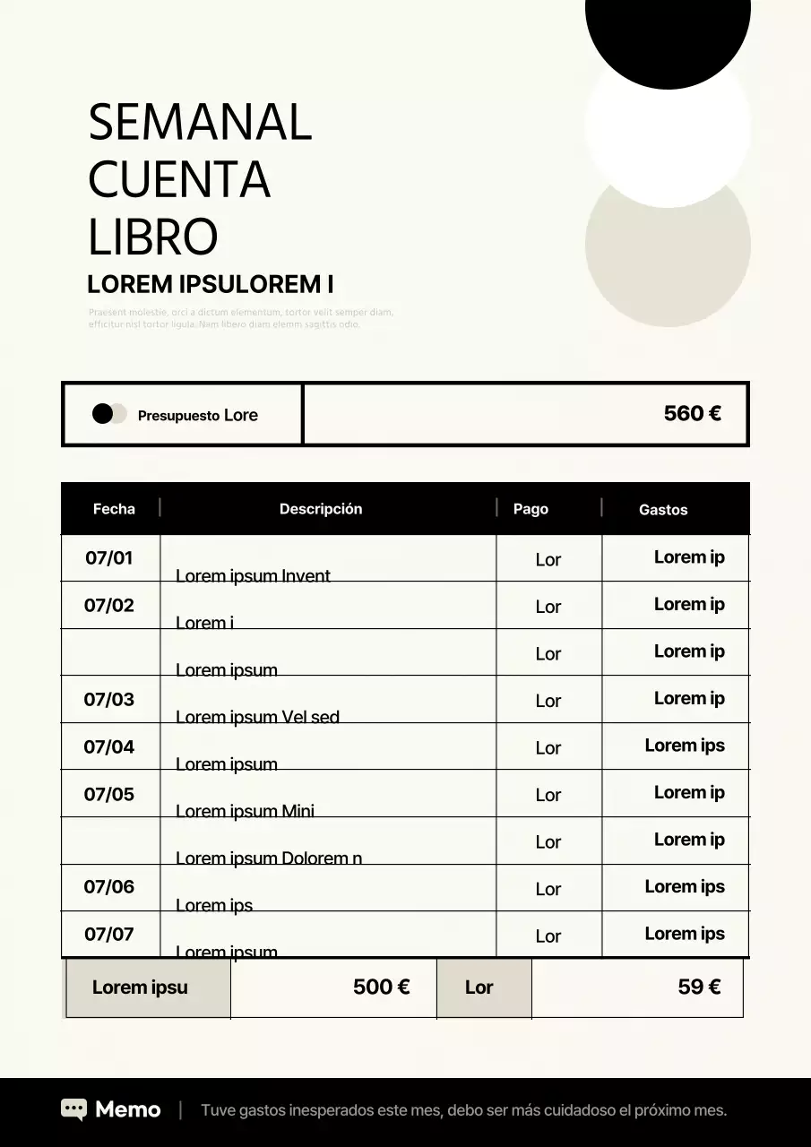 Moderna agenda presupuestaria semanal en marfil y negro