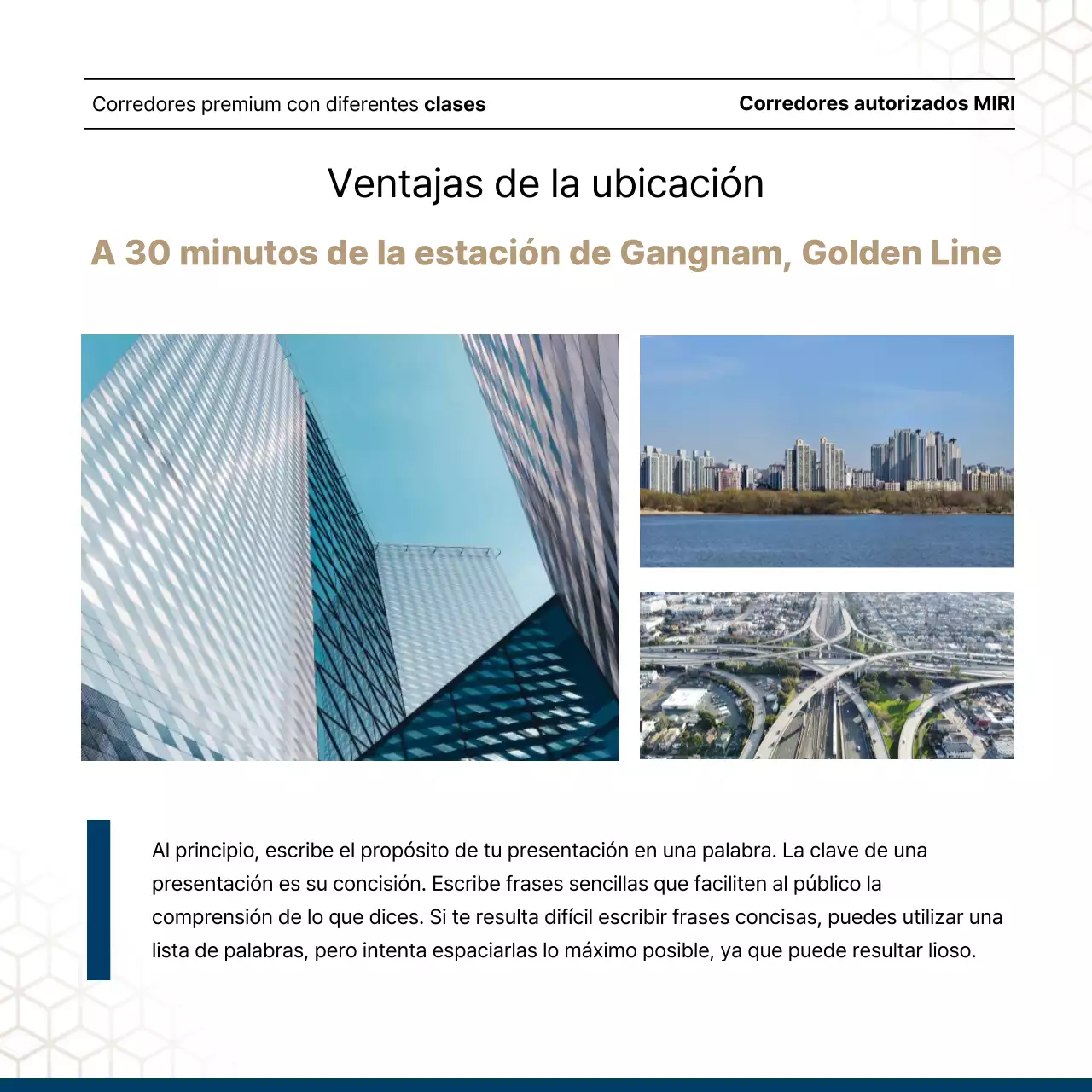 Lujoso anuncio inmobiliario en azul marino y dorado de un agente inmobiliario.