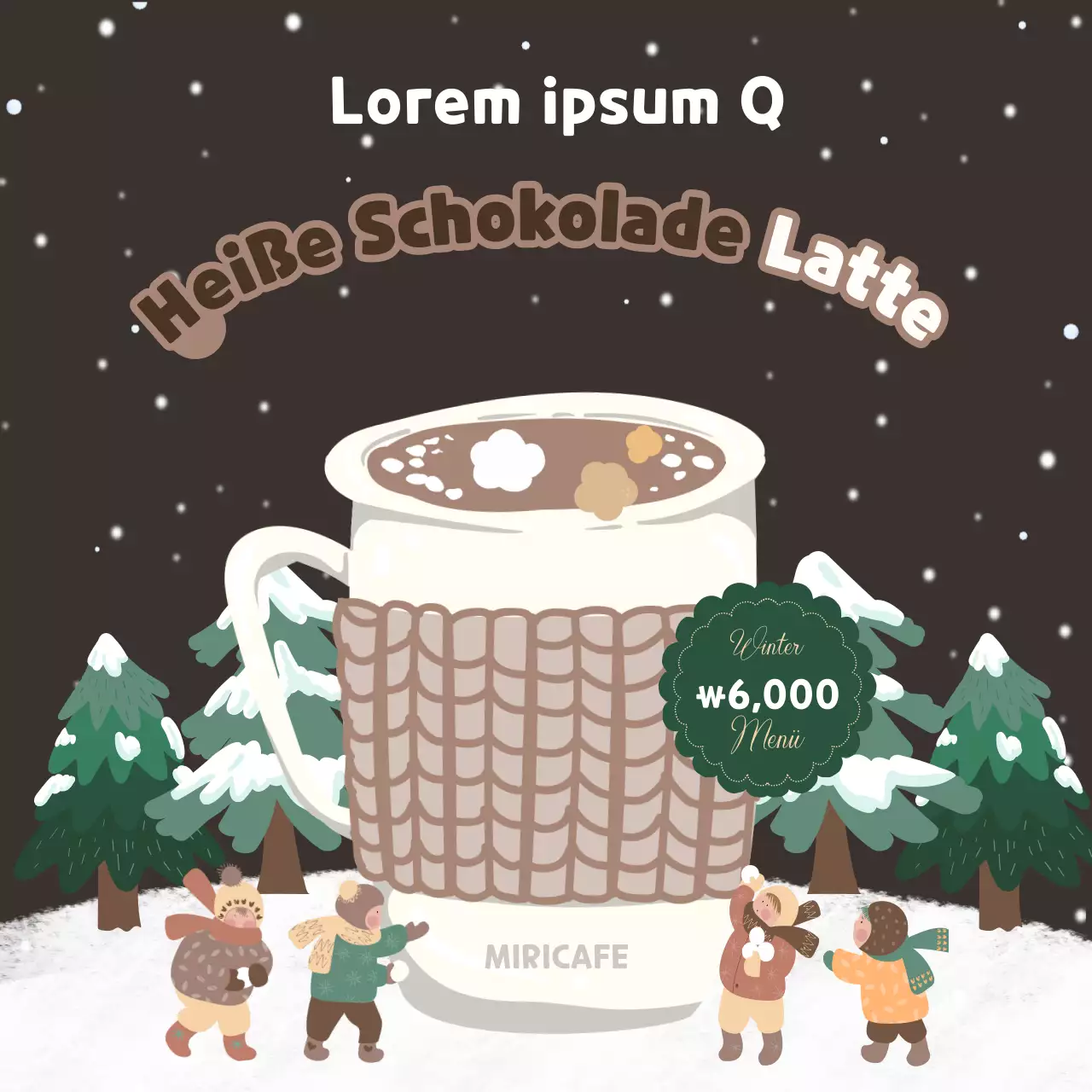Kitschige Werbung für heißen Schokoladen-Latte in Beige und Braun
