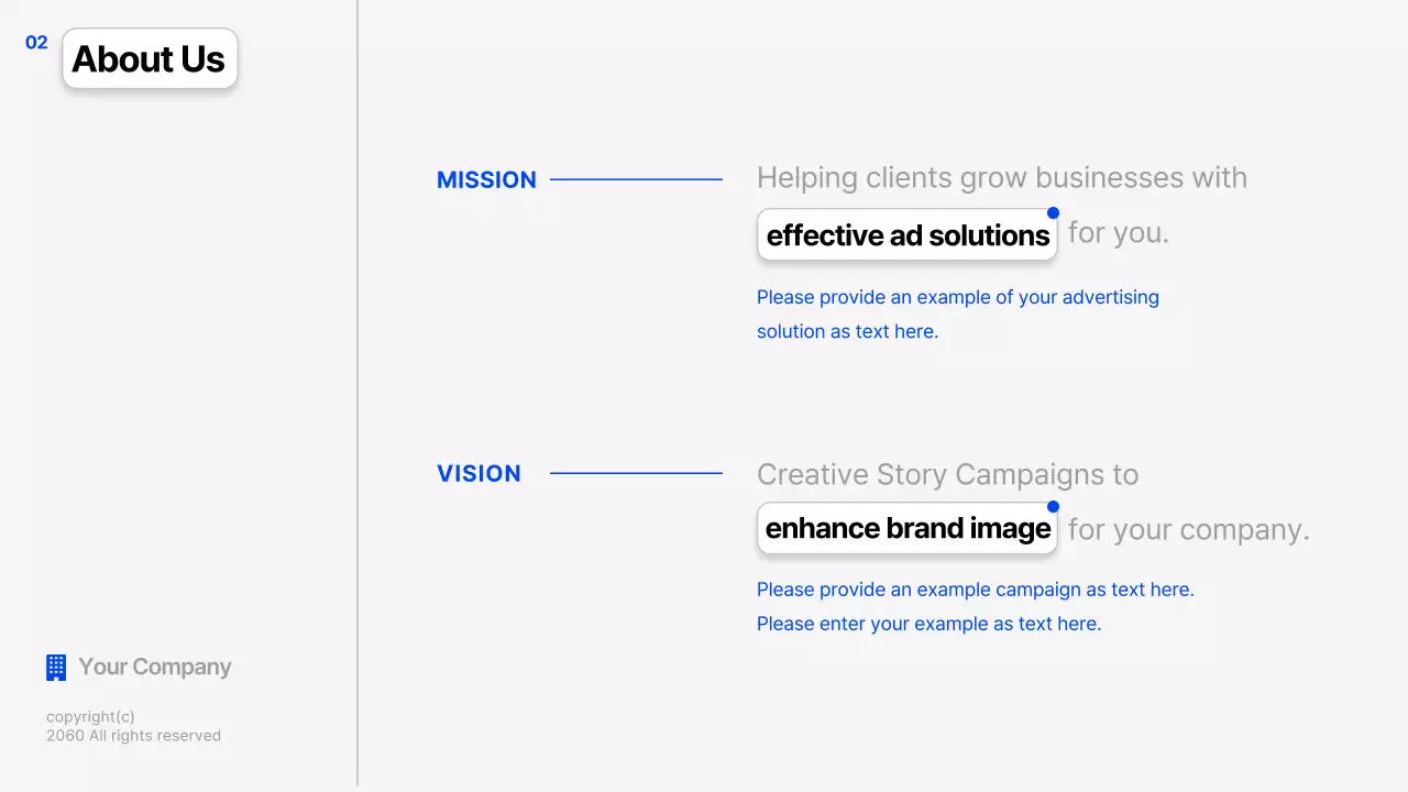 파랑과 흰색의 심플한 스토리텔링 회사소개서