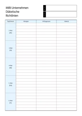 Grundlegender wöchentlicher Speiseplan in Hellblau und Weiß