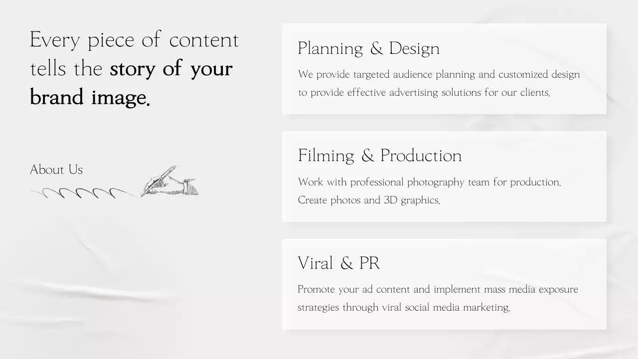 A simple, gray, storytelling company profile