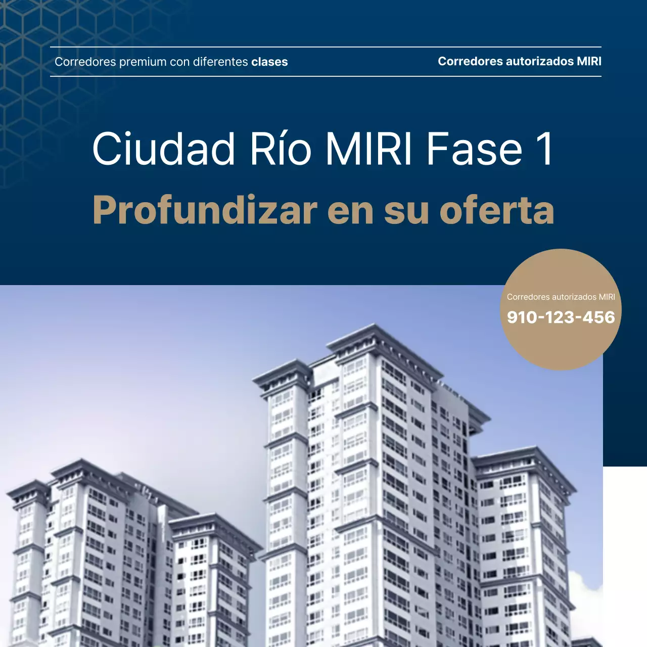 Lujoso anuncio inmobiliario en azul marino y dorado de un agente inmobiliario.
