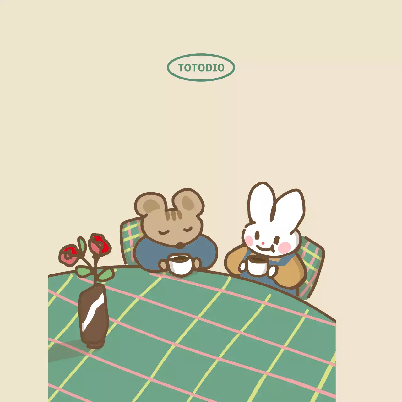 Disegno illustrativo di amici animali che bevono il tè al tavolo da pranzo