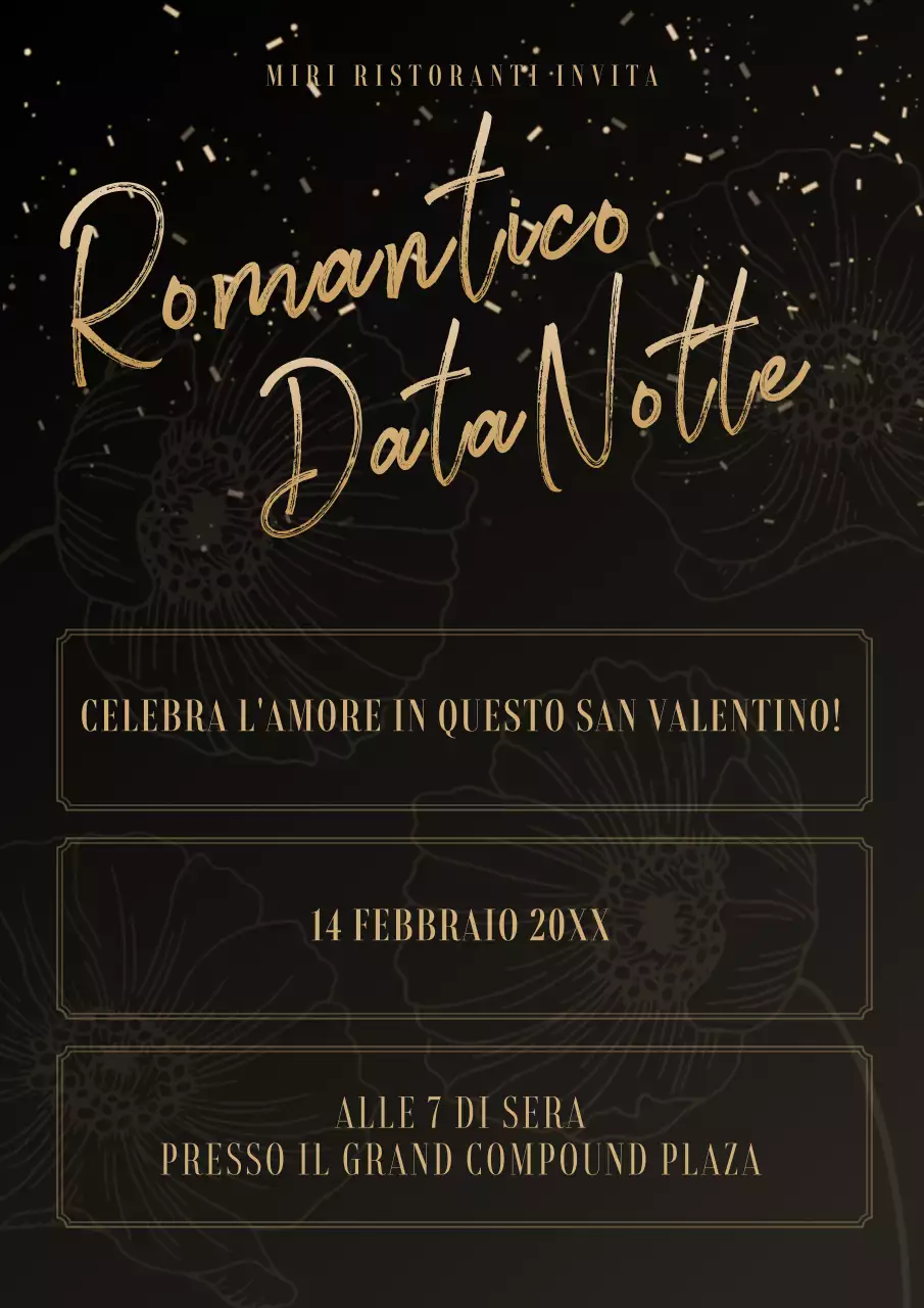 Pubblicità della cena di San Valentino elegante in oro e nero
