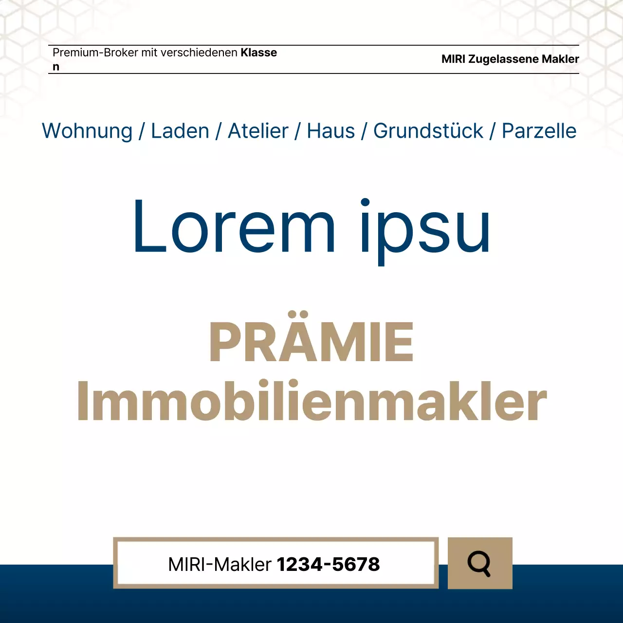 Luxuriöses Immobilienangebot in Marineblau und Gold von einem Immobilienmakler.