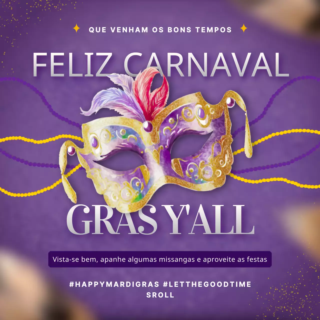Publicidade luxuosa de Mardi Gras em roxo e dourado