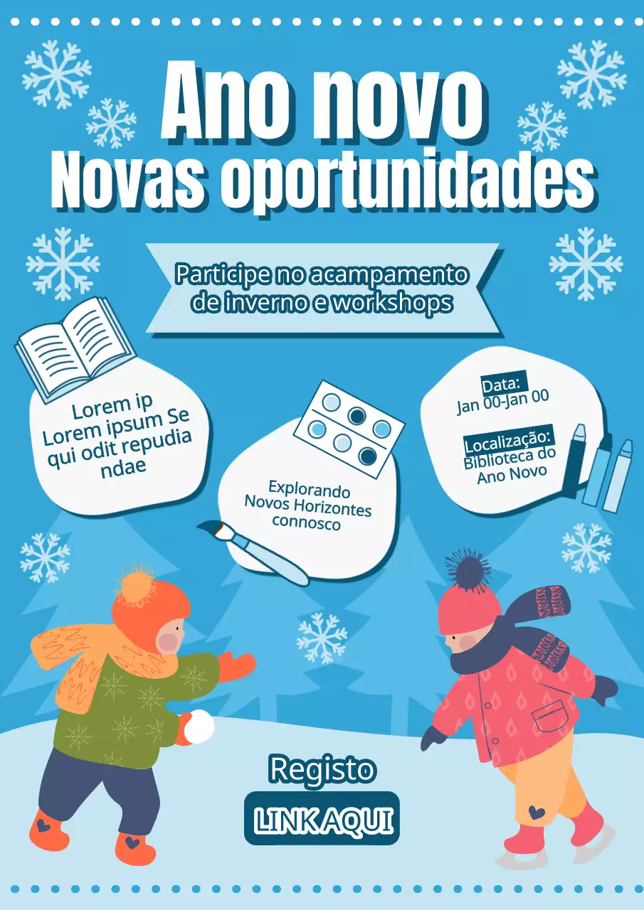 Material promocional de colónia de férias de inverno para crianças com um conceito de ilustração engraçado em azul claro e branco.