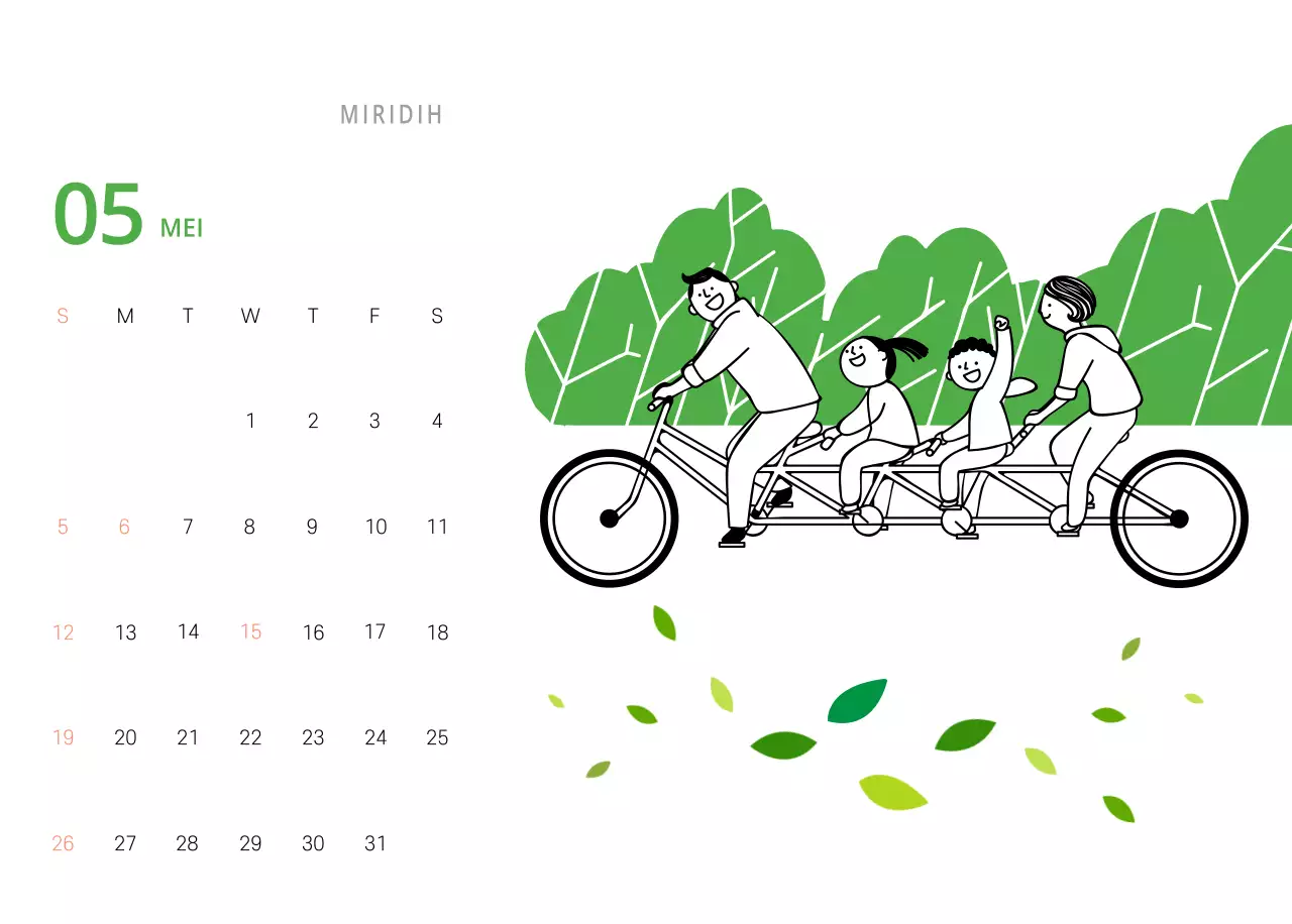Schattige geïllustreerde groene bureaukalender met familiethema