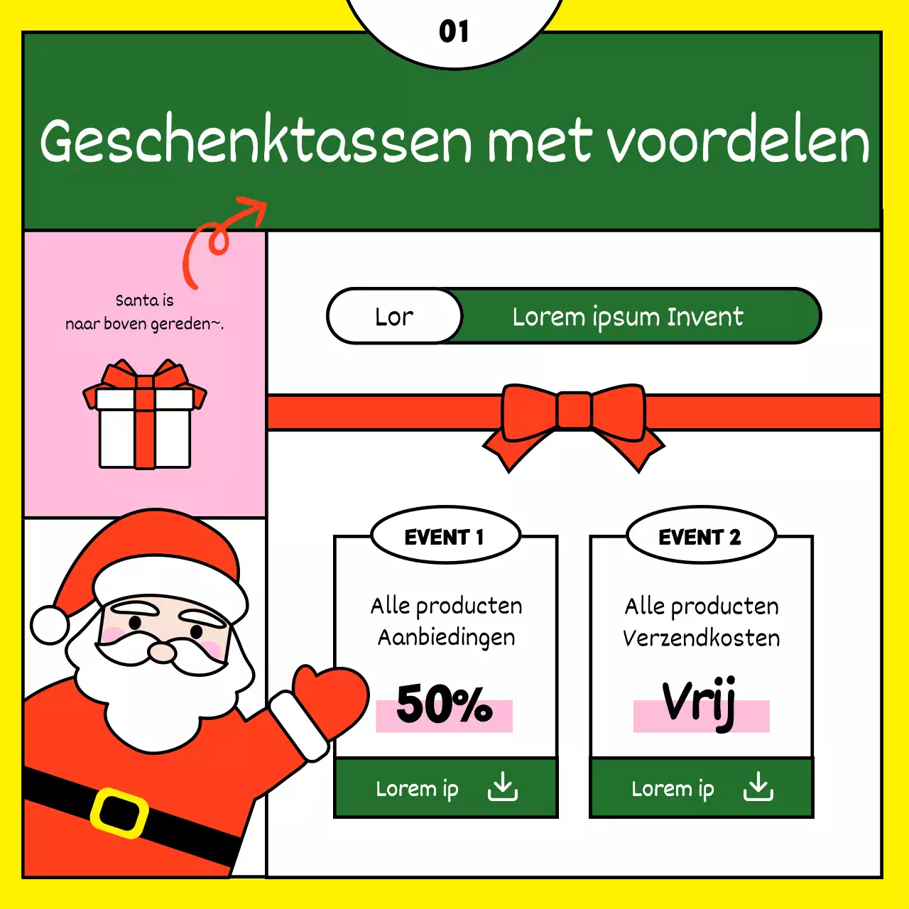 Schattige kerstsjabloonadvertentie in rood en geel