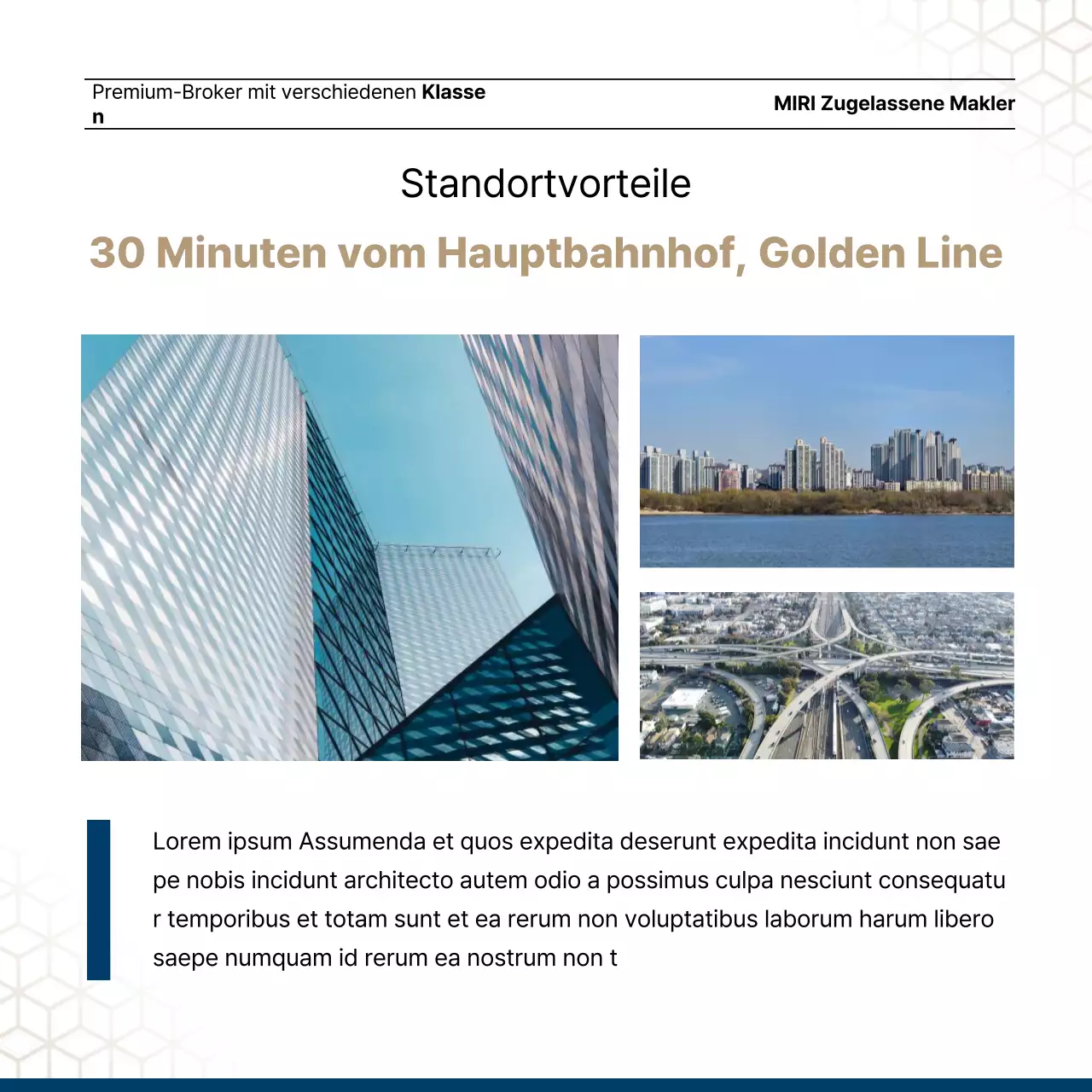 Luxuriöses Immobilienangebot in Marineblau und Gold von einem Immobilienmakler.