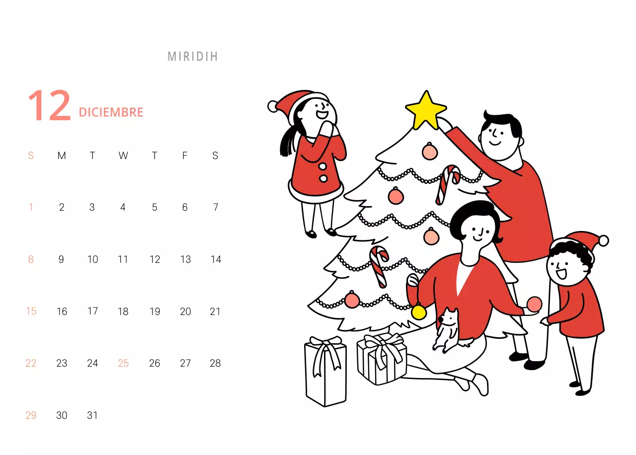 Bonito calendario de sobremesa ilustrado de temática familiar en color verde