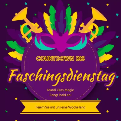 Lila und gelbe Kitsch Faschings-Countdown-Anzeige