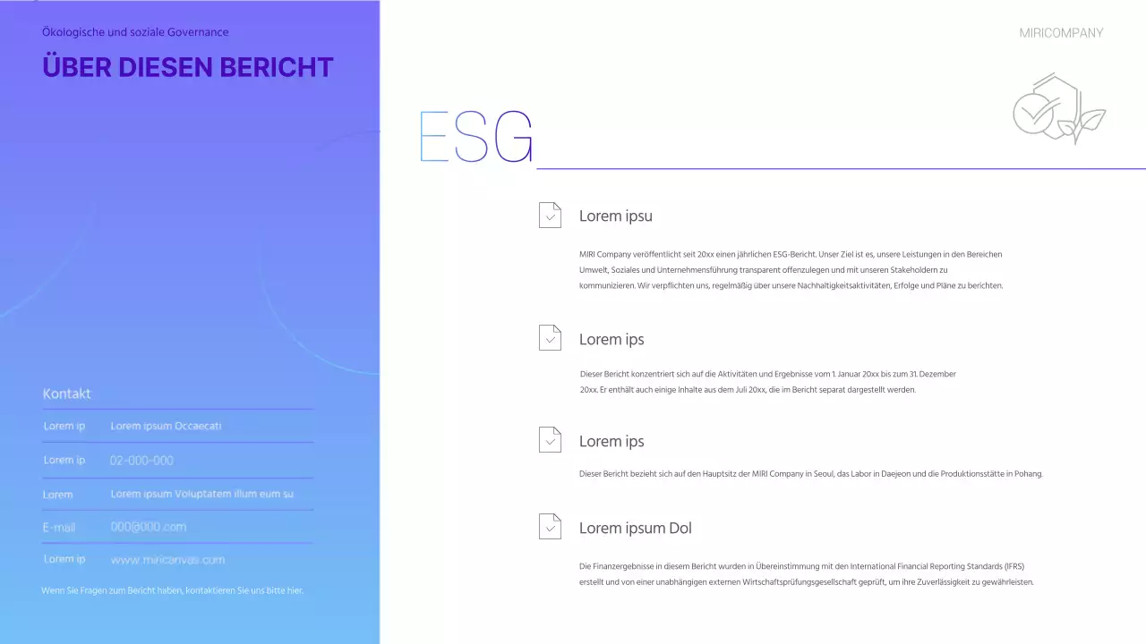 Ein moderner ESG-Nachhaltigkeitsbericht in Lila und Hellblau