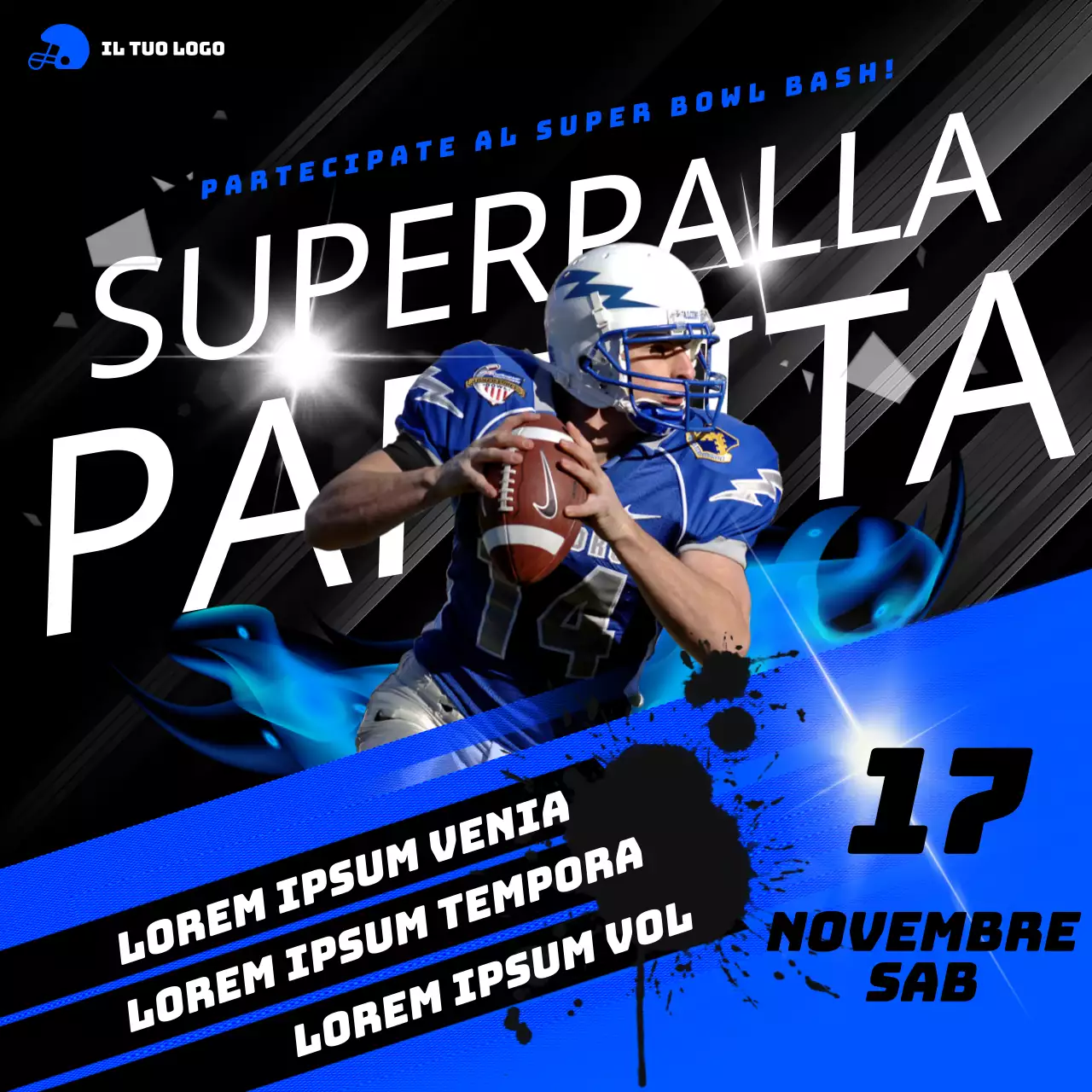 Pubblicità geometrica per il Super Bowl in blu e nero