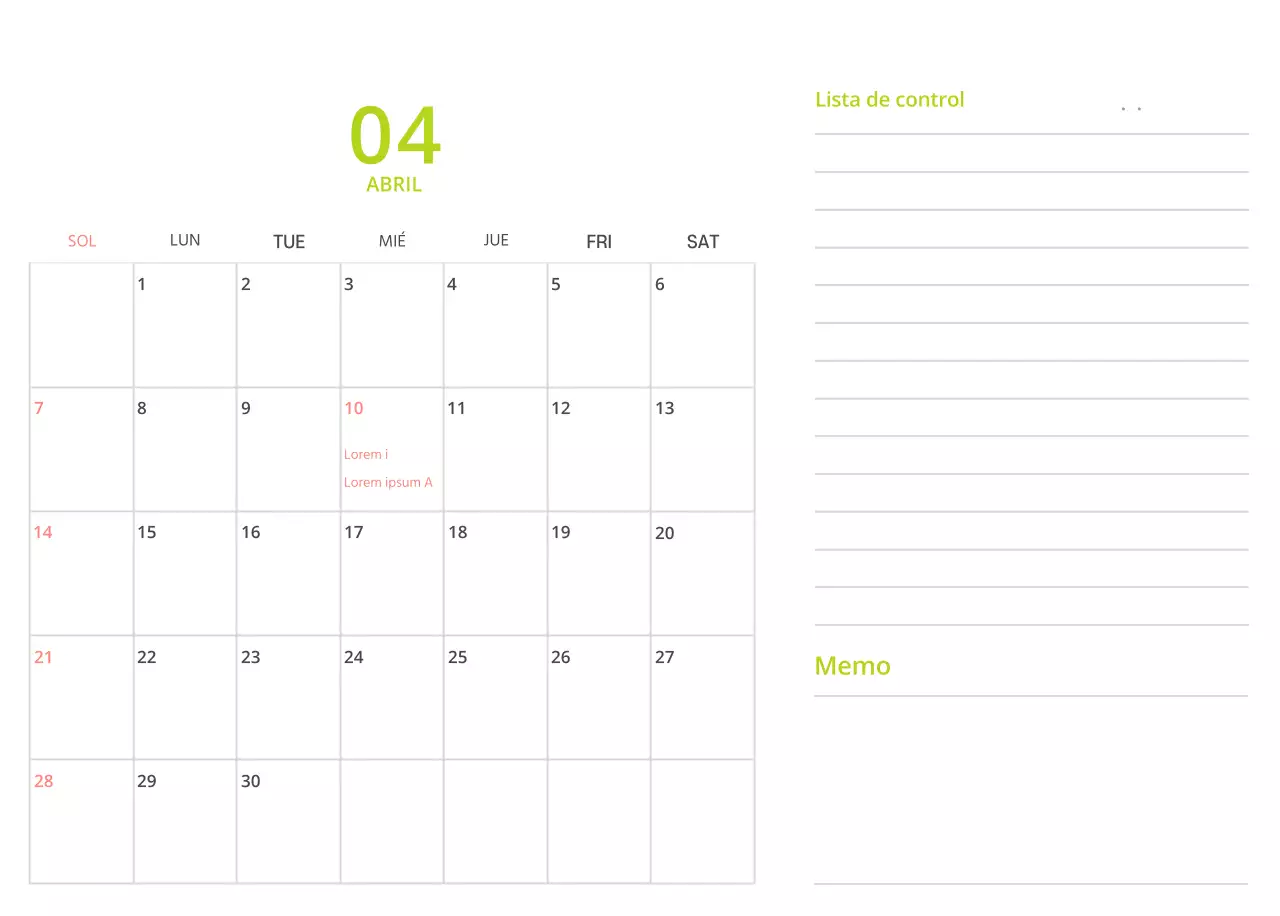 Bonito calendario de sobremesa ilustrado de temática familiar en color verde