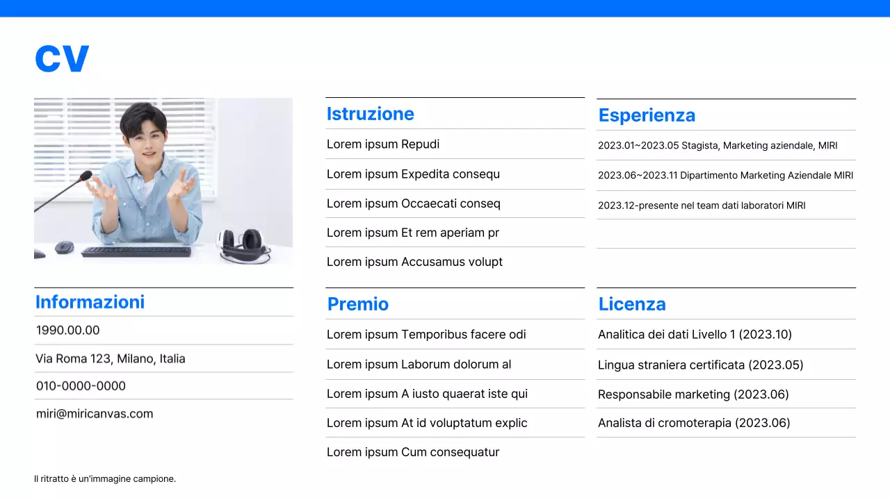 Semplice portfolio di carriera con sfondo blu