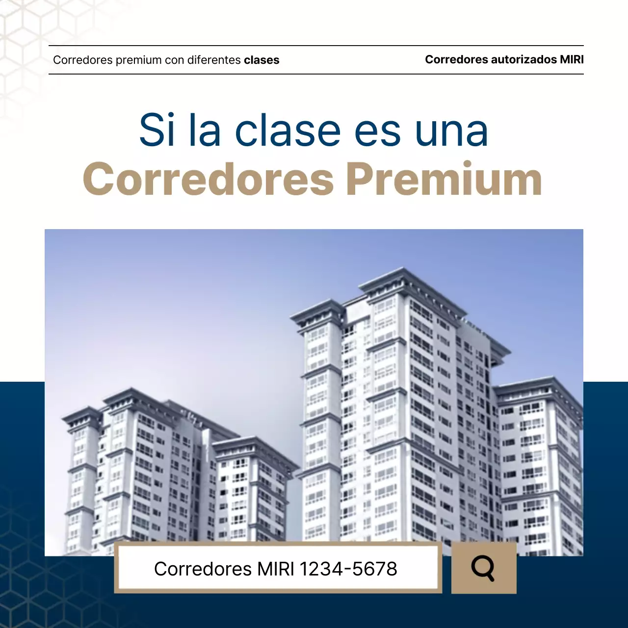 Lujoso anuncio inmobiliario en azul marino y dorado de un agente inmobiliario.