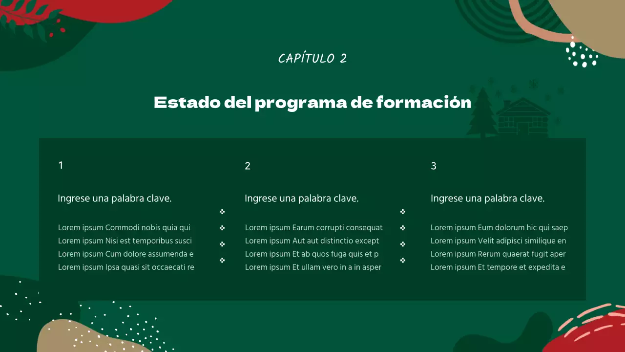 Guía de formación de voluntarios con motivos geométricos rojos y verdes