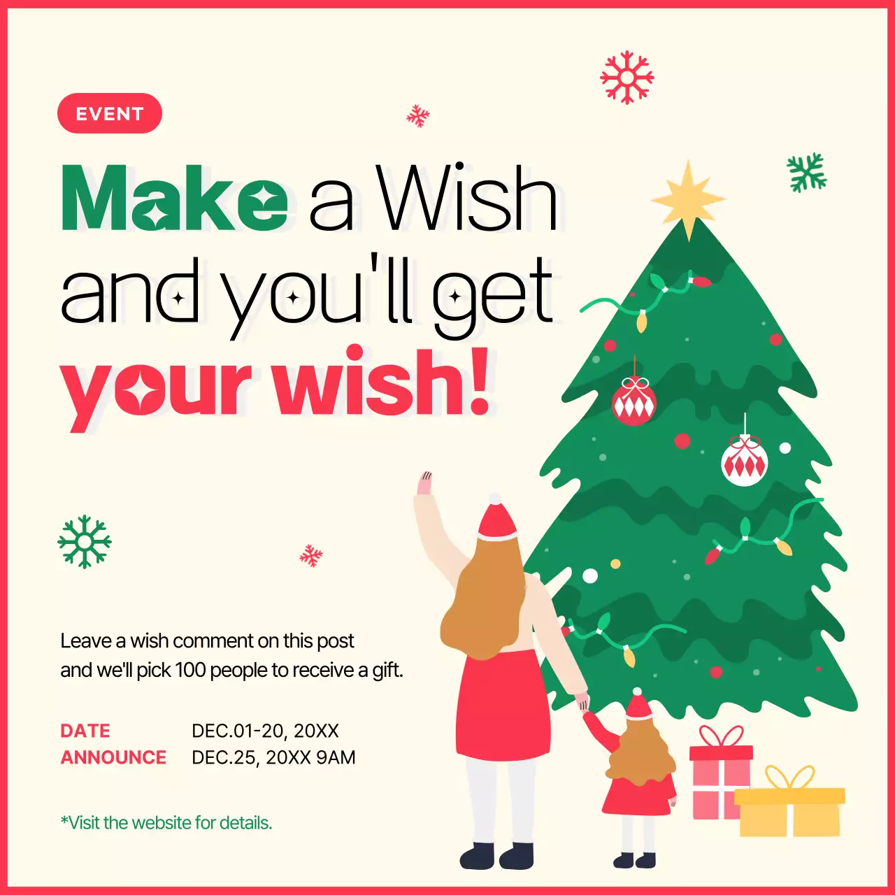 Red Festive 크리스마스 이벤트 발표 소셜 미디어 게시물