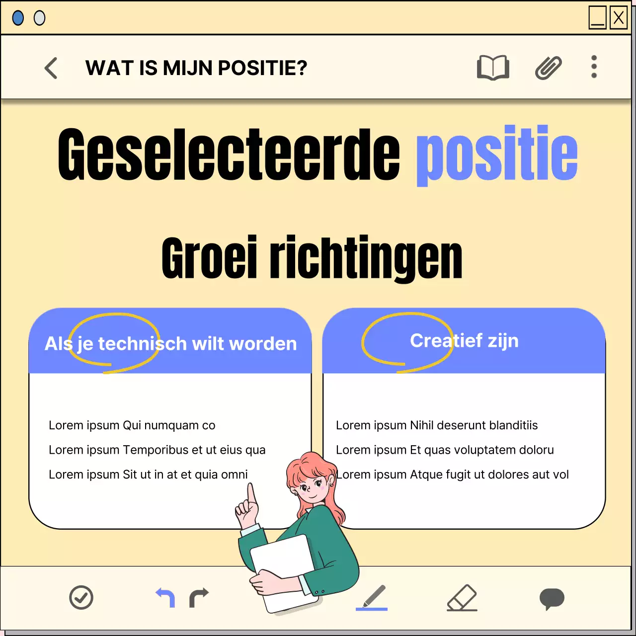 Een loopbaanplanningsgids met een geel, kitscherig notitieblokconcept