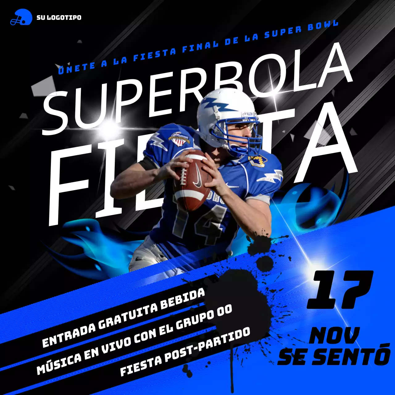 Anuncio geométrico de la fiesta de la Super Bowl en azul y negro