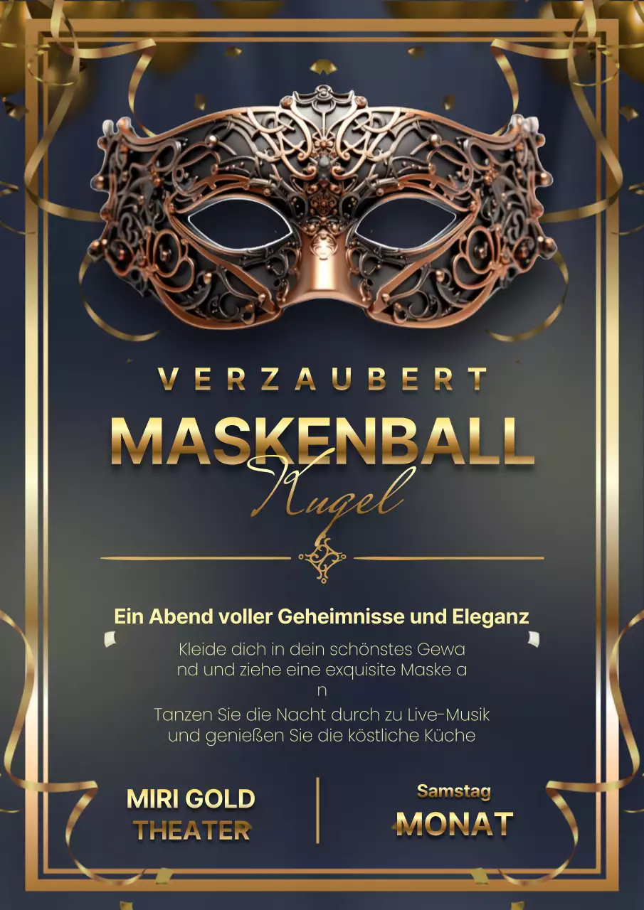 Elegante schwarz-goldene Maskenball-Einladung