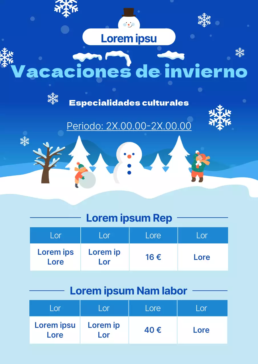 Material didáctico minimalista en azul claro y blanco para las vacaciones de invierno