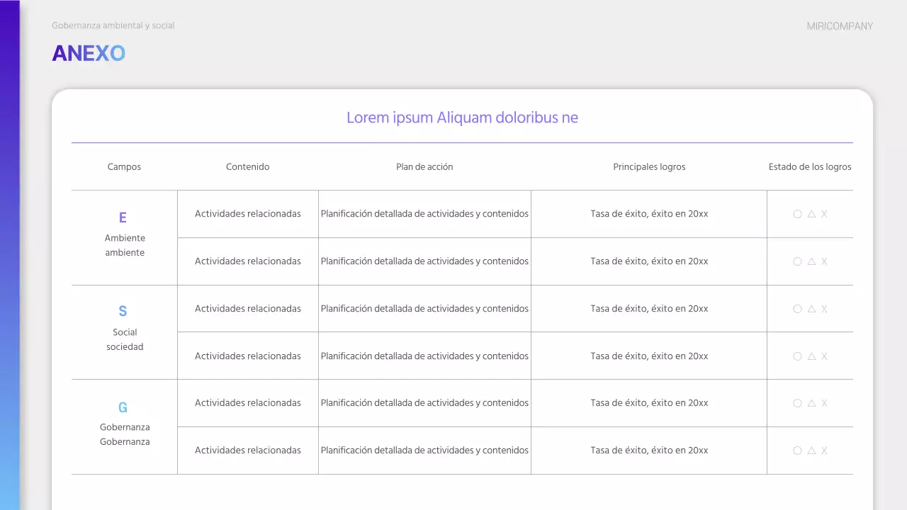 Un moderno informe de sostenibilidad ESG en morado y azul claro