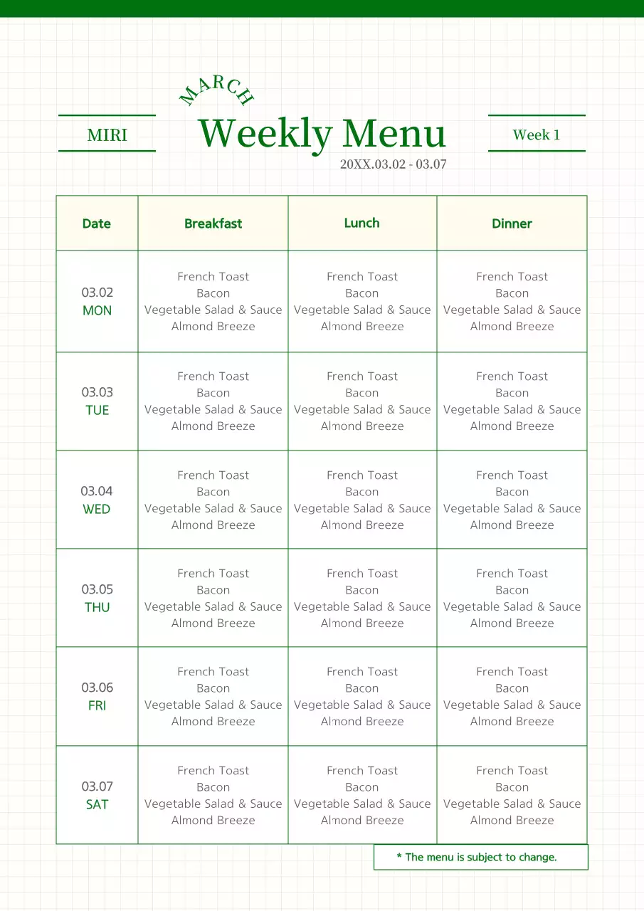 Green Simple Weekly Menu Planner