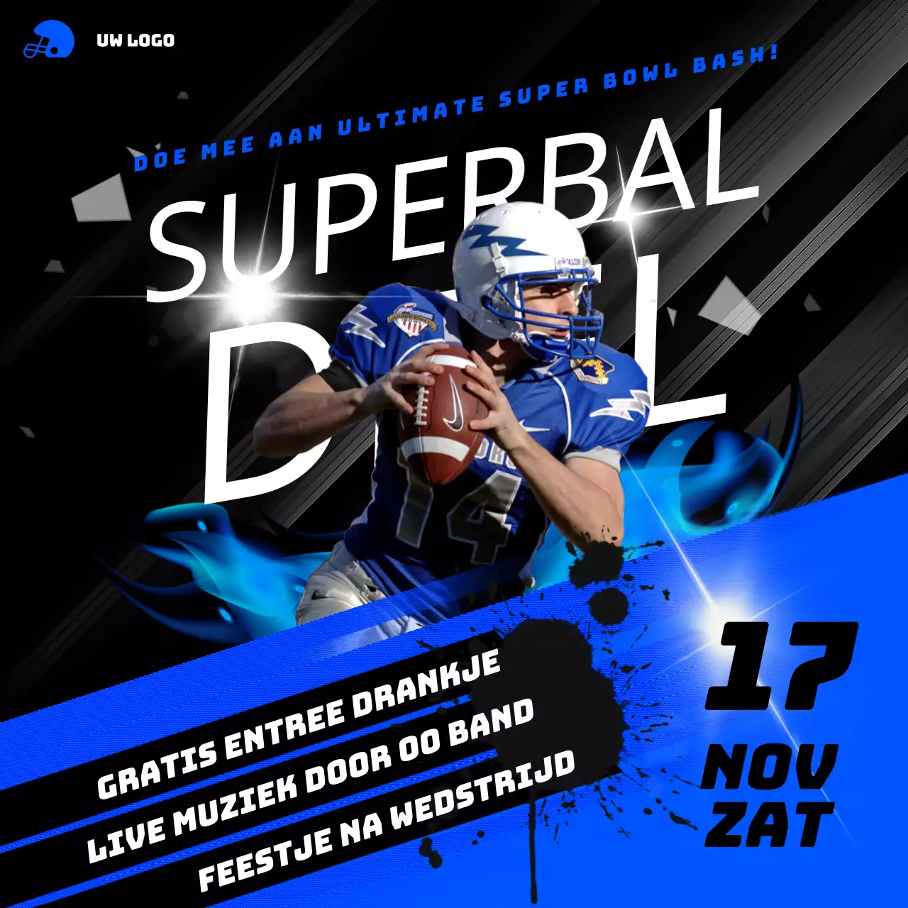 Geometrische Super Bowl feestadvertentie in blauw en zwart